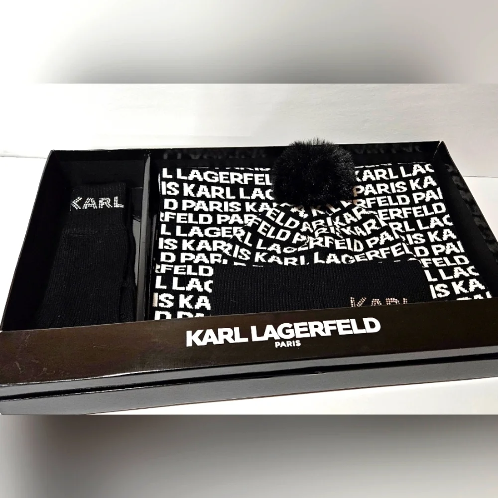 NWT Karl Lagerfeld Beanie, Scarf And Gloves Set. Black And White Logo W/ Box - Picture 1 of 5